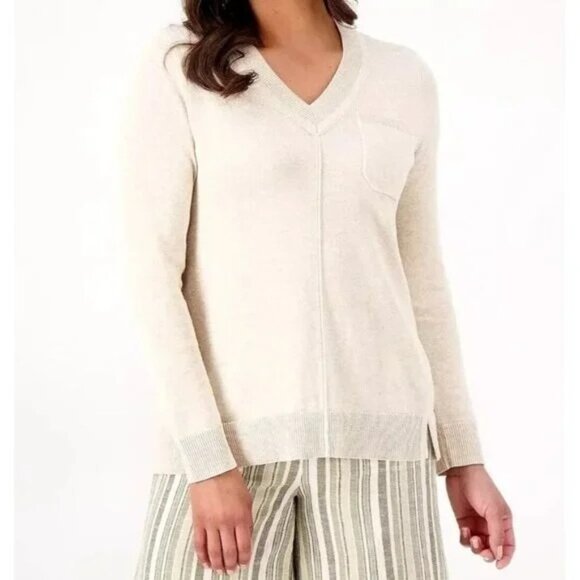 Isaac Mizrahi Live V Neck Sweater with Chest Pocket Women XL Heather Oatmeal NEW - Picture 1 of 5